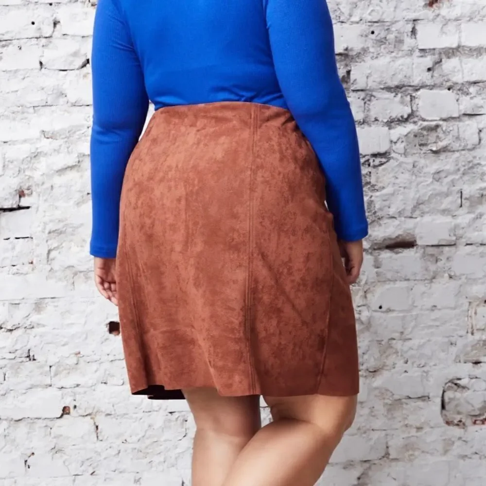 Ulla Popken Faux Suede Seam Detail Stretch Skirt, Gold Brown 20/22